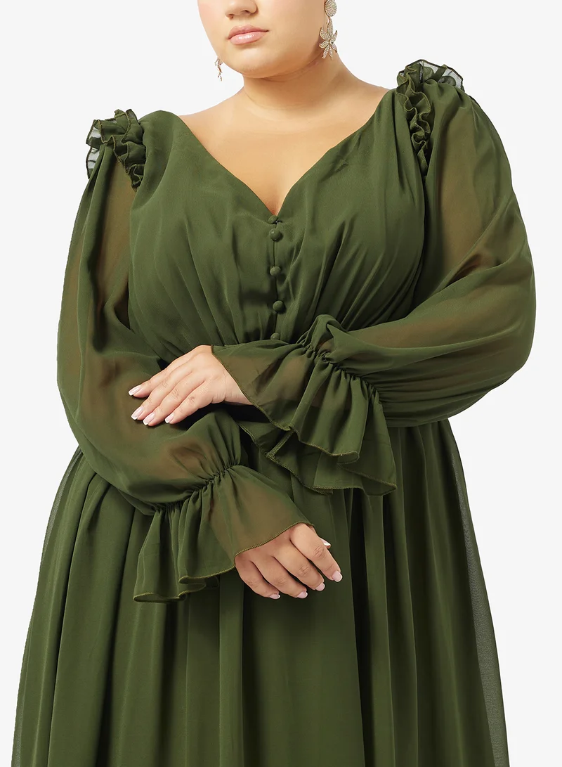 Khizana  Plus Size A-line Dress Wih Sheer Sleeves for Women | Best Price UAE